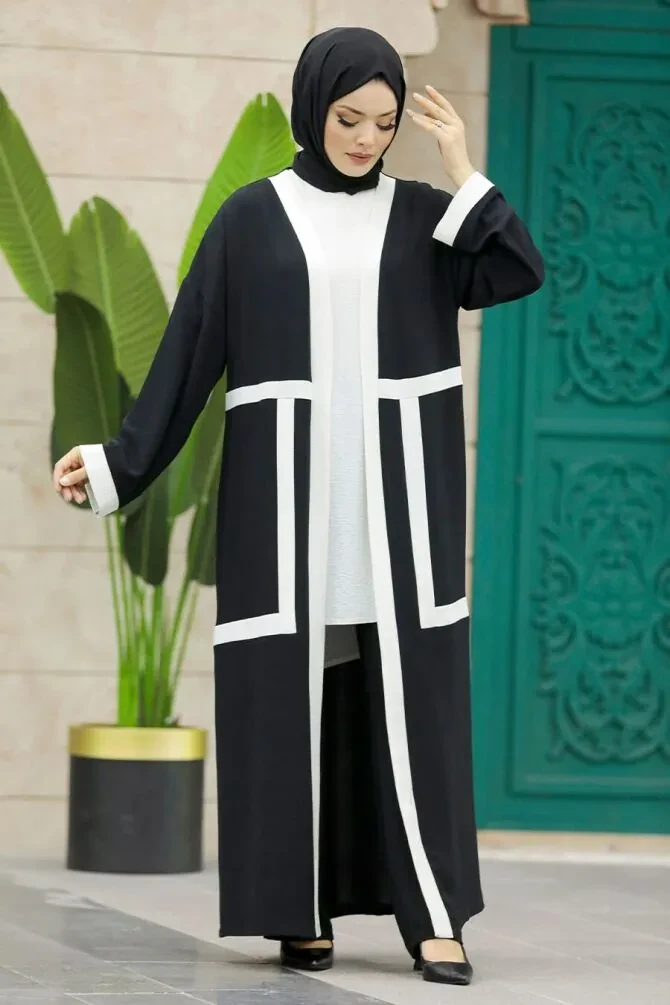  Siyah Tesettür Kimono Üçlü Takım 30195S - 1