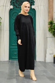 Neva Style - Siyah Tesettür Triko Elbise 3419S - Thumbnail