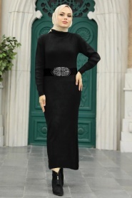 Neva Style - Siyah Tesettür Triko Elbise 5248S - Thumbnail