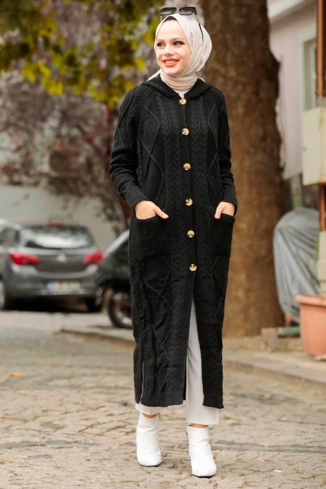 Neva Style - Siyah Tesettür Triko Hırka 7036S - NEVA STYLE