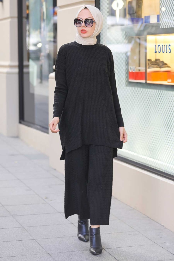 Neva Style - Siyah Tesettür Triko İkili Takım 33450S - 2