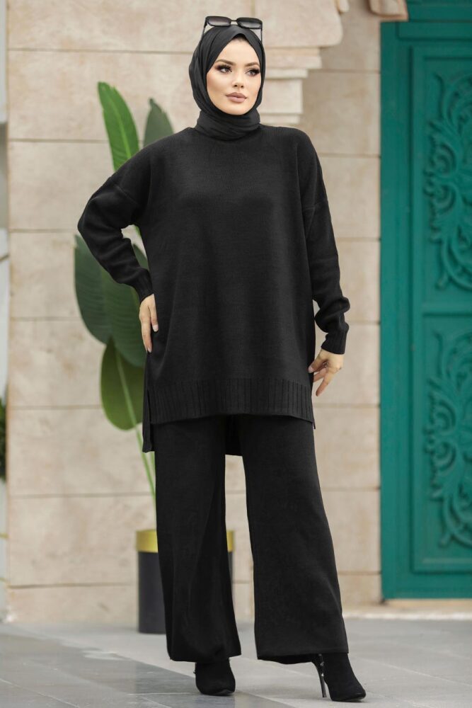 Neva Style - Siyah Tesettür Triko İkili Takım 34341S - 1