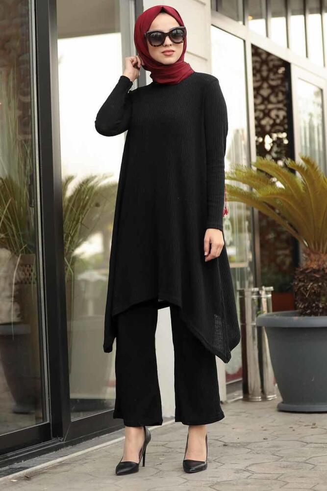 Neva Style - Siyah Tesettür Triko İkili Takım 948S - 1