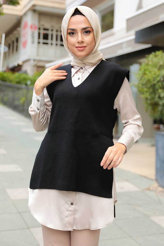  Siyah Tesettür Triko Süveter 23881S - 1