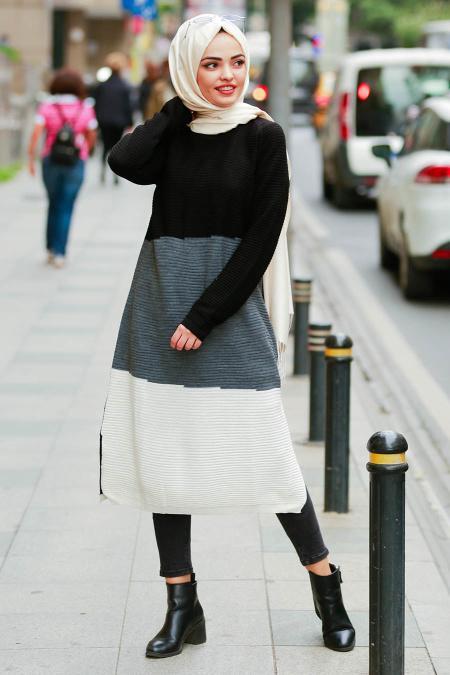 Neva Style - Siyah Tesettür Triko Tunik 15379S - 1