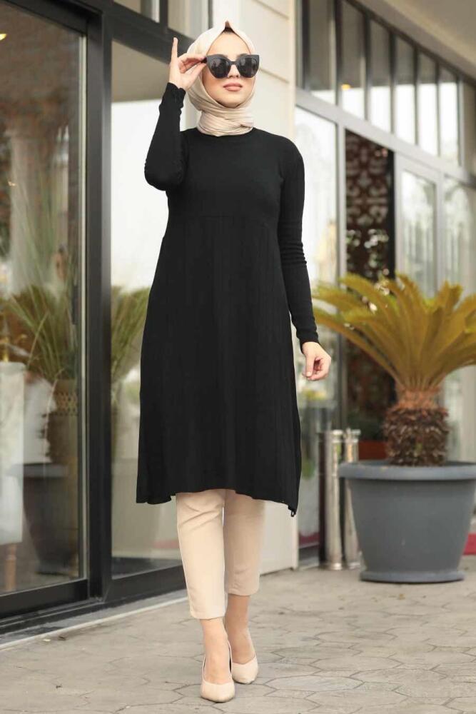 Neva Style - Siyah Tesettür Triko Tunik 2321S - 1