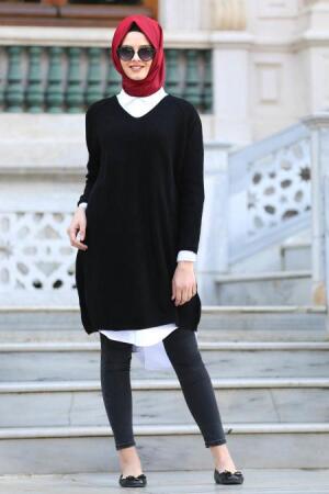 Neva Style - Siyah Tesettür Triko Tunik 40030S - 1