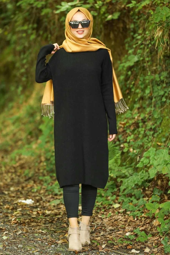 Neva Style - Siyah Tesettür Triko Tunik 883S - 1