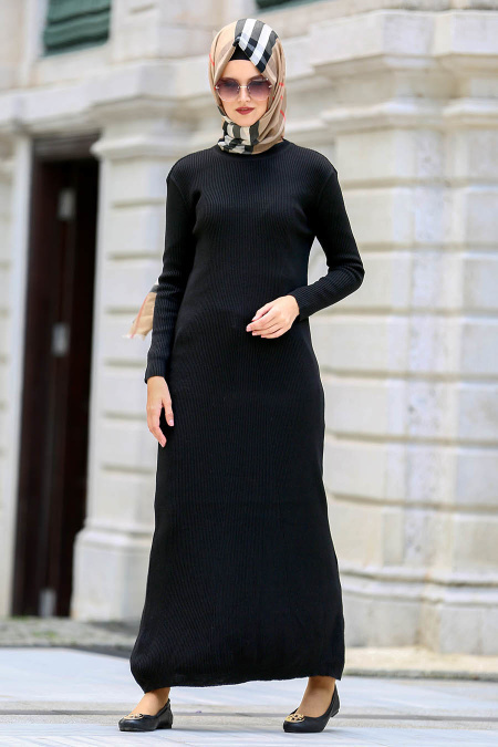 Neva Style - Siyah Triko Tesettür Elbise 15120S