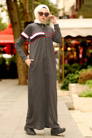 Fermuarlı Füme Tesettür Elbise 82461FU - Thumbnail