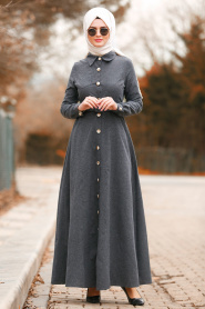 Düğmeli Kemerli Füme Tesettür Elbise 8409FU - Thumbnail