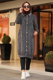 Neva Style - Smoked Hijab Velvet Coat 9075FU - Thumbnail