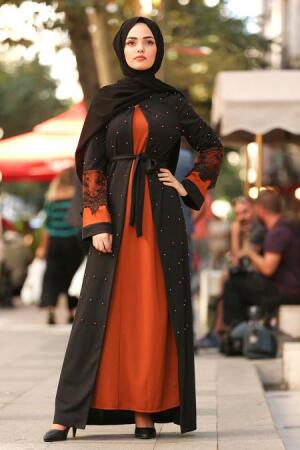 İnci İşlemeli Taba Tesettür Abaya 100231TB - 1