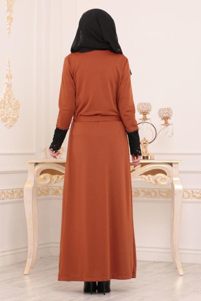 Kolları Dantelli Taba Tesettür Abaya 100357TB - 3