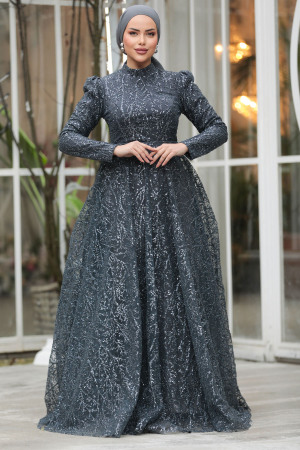 Stylish Anthracite Muslim Wedding Dress 23241ANT - 1