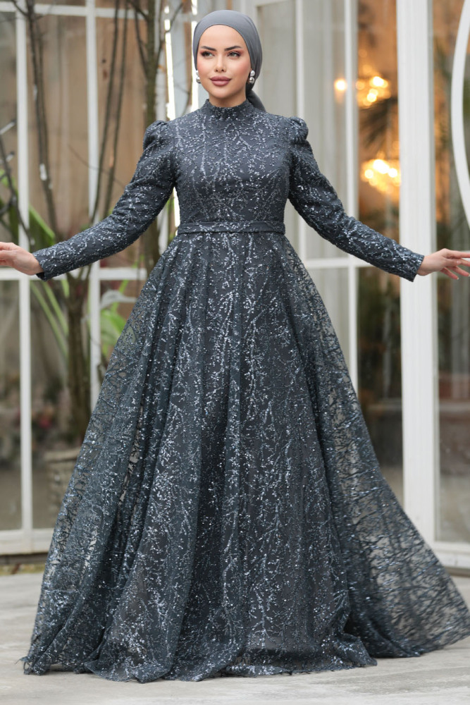Stylish Anthracite Muslim Wedding Dress 23241ANT - 2