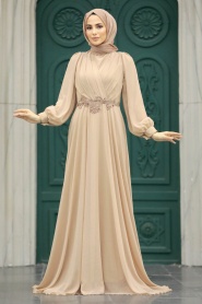 Neva Style - Stylish Beige Islamic Evening Gown 3435BEJ - Thumbnail