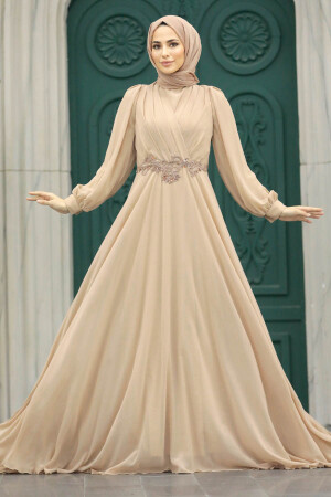 Neva Style - Stylish Beige Islamic Evening Gown 3435BEJ - Thumbnail