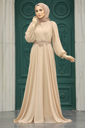 Neva Style - Stylish Beige Islamic Evening Gown 3435BEJ - Thumbnail