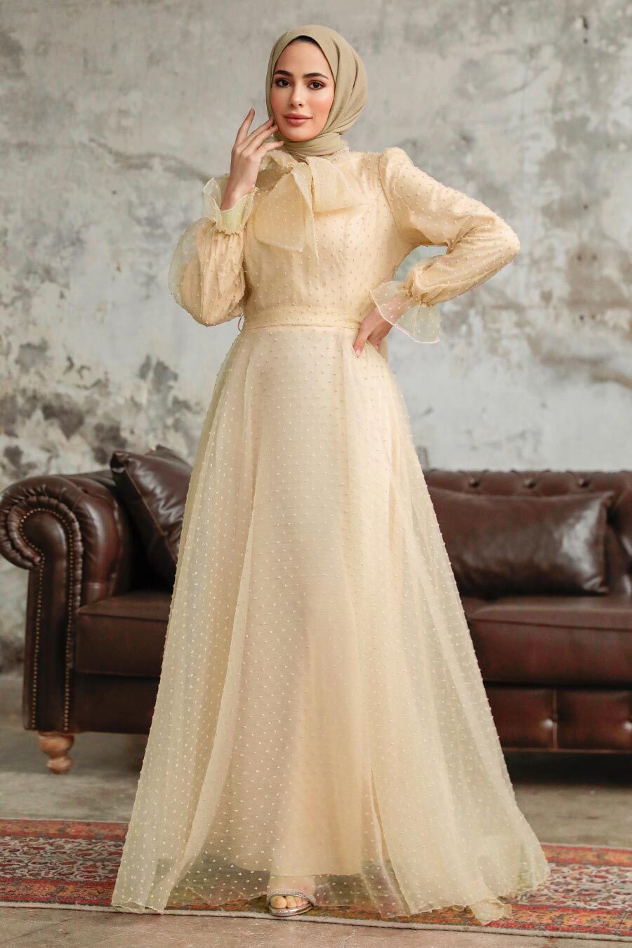beige long sleeve maxi dress Lace Maxi Dress in Beige with High Neck - Rabanne - Women main image 0