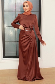 Neva Style - Stylish Brown Islamic Long Sleeve Maxi Dress 3606KH - Thumbnail
