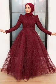 Neva Style - Stylish Claret Red Hijab Bridesmaid Dress 22780BR - Thumbnail