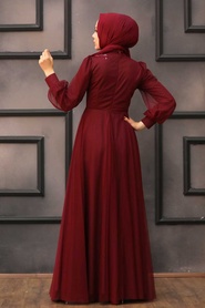 Neva Style - Stylish Claret Red Hijab Evening Dress 22061BR - Thumbnail