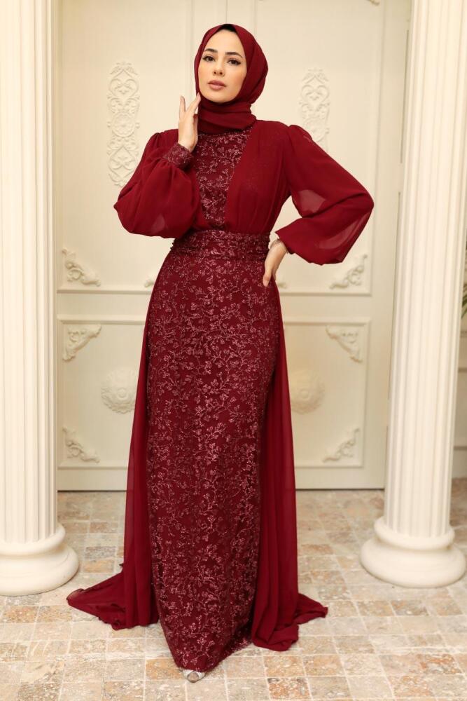 Neva Style - Stylish Claret Red Hijab Wedding Gown 22071BR - 2