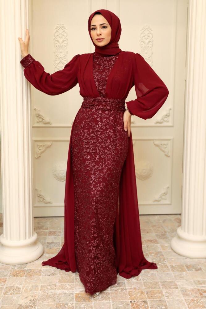 Neva Style - Stylish Claret Red Hijab Wedding Gown 22071BR - 1