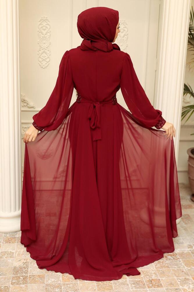 Neva Style - Stylish Claret Red Hijab Wedding Gown 22071BR - 3