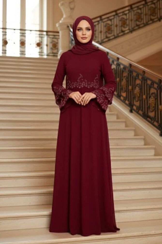 Neva Style - Stylish Claret Red Islamic Evening Dress 9181BR - 1