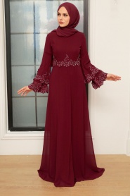 Neva Style - Stylish Claret Red Islamic Evening Dress 9181BR - Thumbnail