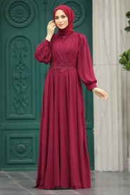 Neva Style - Stylish Claret Red Islamic Evening Gown 3435BR - Thumbnail