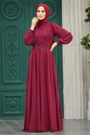 Stylish Claret Red Islamic Evening Gown 3435BR - 1