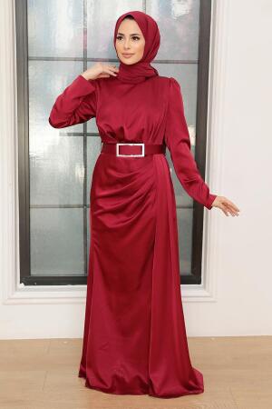 Neva Style - Stylish Claret Red Islamic Long Sleeve Maxi Dress 3606BR - 2