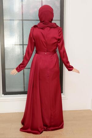 Neva Style - Stylish Claret Red Islamic Long Sleeve Maxi Dress 3606BR - 3