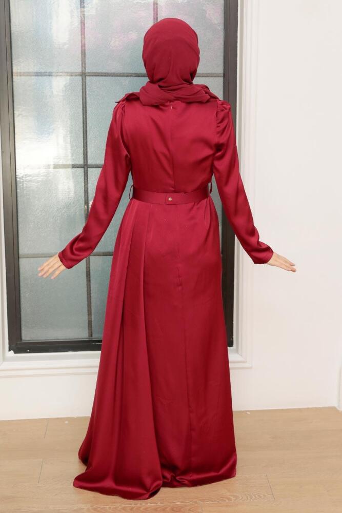Neva Style - Stylish Claret Red Islamic Long Sleeve Maxi Dress 3606BR - 3