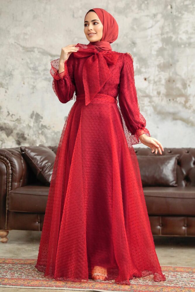 Stylish Claret Red Islamic Long Sleeve Maxi Dress 3871BR - 1