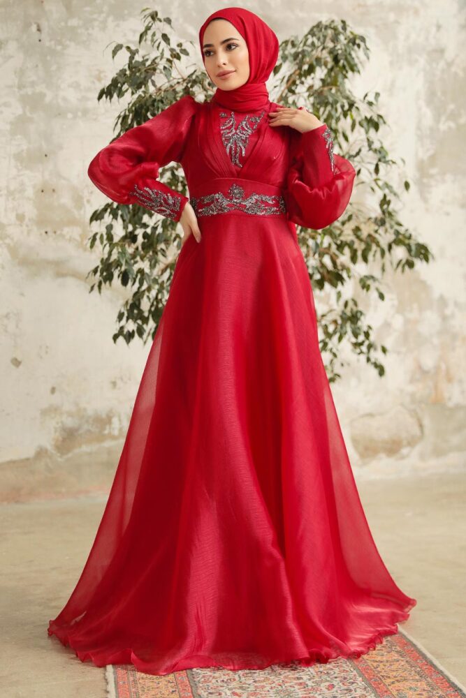 Neva Style - Stylish Claret Red Modest Islamic Clothing Prom Dress 3753BR - 3