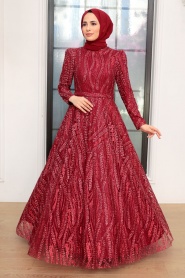 Neva Style - Stylish Claret Red Muslim Evening Dress 22661BR - Thumbnail