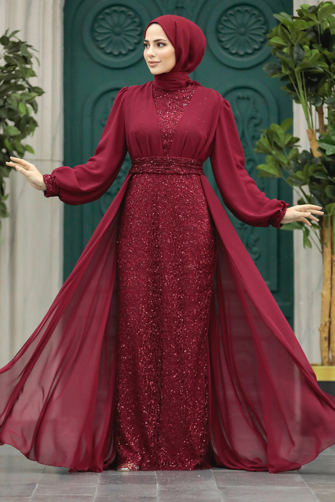 Stylish Claret Red Muslim Long Sleeve Dress 22072BR - 1