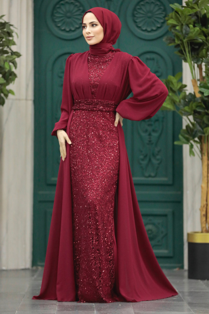 Stylish Claret Red Muslim Long Sleeve Dress 22072BR - 2