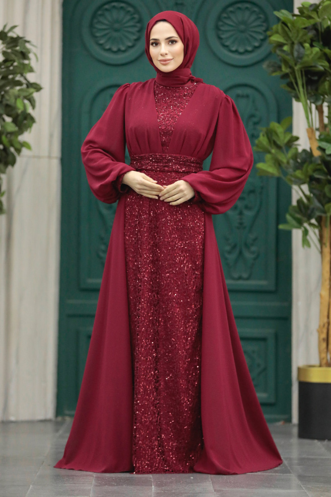 Stylish Claret Red Muslim Long Sleeve Dress 22072BR - 3