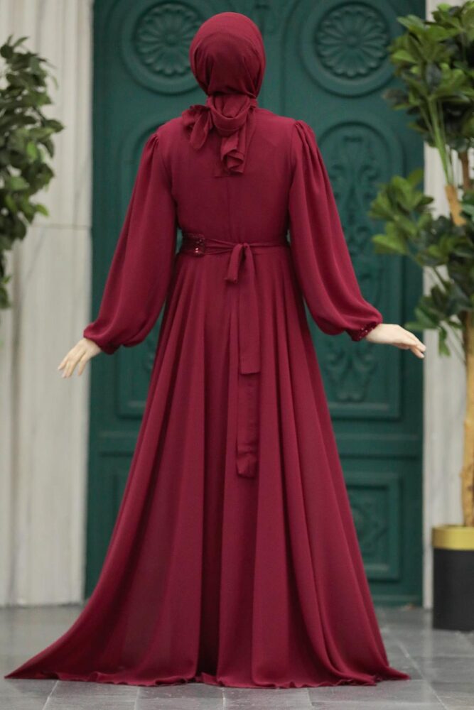 Stylish Claret Red Muslim Long Sleeve Dress 22072BR - 4