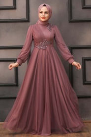 Neva Style - Stylish Dark Dusty Rose Hijab Evening Dress 22061KGK - Thumbnail