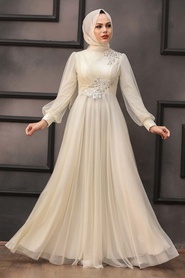 Neva Style - Stylish Ecru Hijab Evening Dress 22061E - Thumbnail