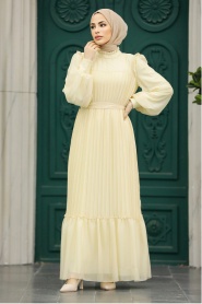 Neva Style - Stylish Ecru Islamic Clothing Engagement Dress 39651E - Thumbnail