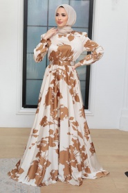 Neva Style - Stylish Ecru Islamic Dress 35671E - Thumbnail
