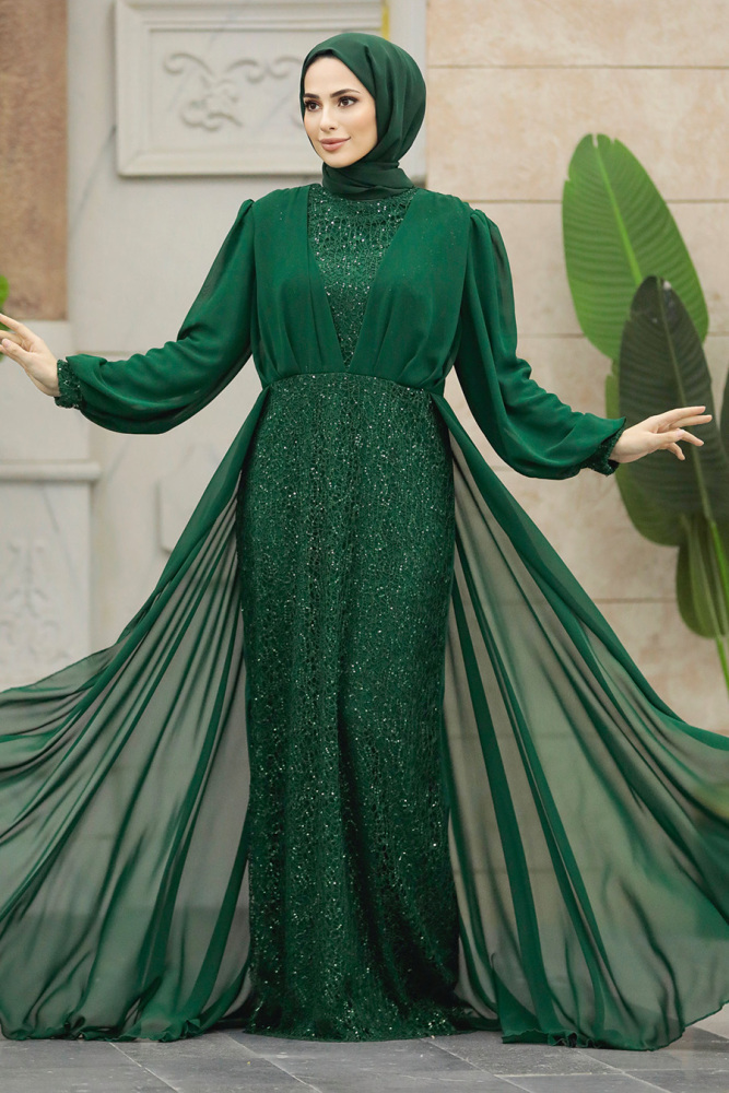 Stylish Emerald Green Muslim Long Sleeve Dress 22072ZY - 1