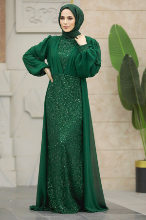 Neva Style - Stylish Emerald Green Muslim Long Sleeve Dress 22072ZY - Thumbnail